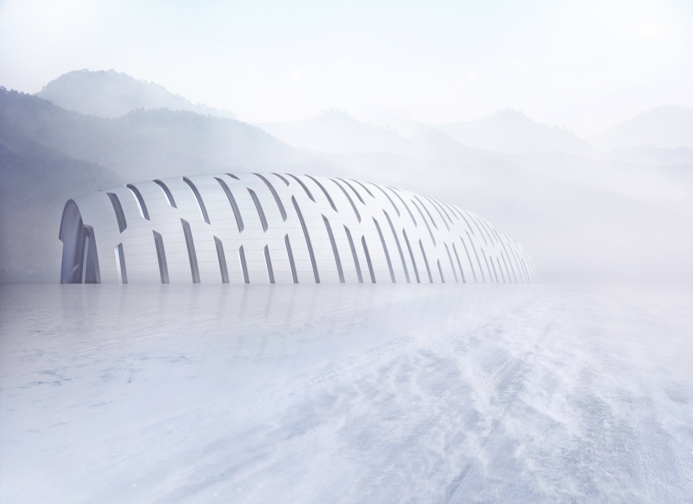 Exterior rendering of Additive Stereotomy in a winter setting