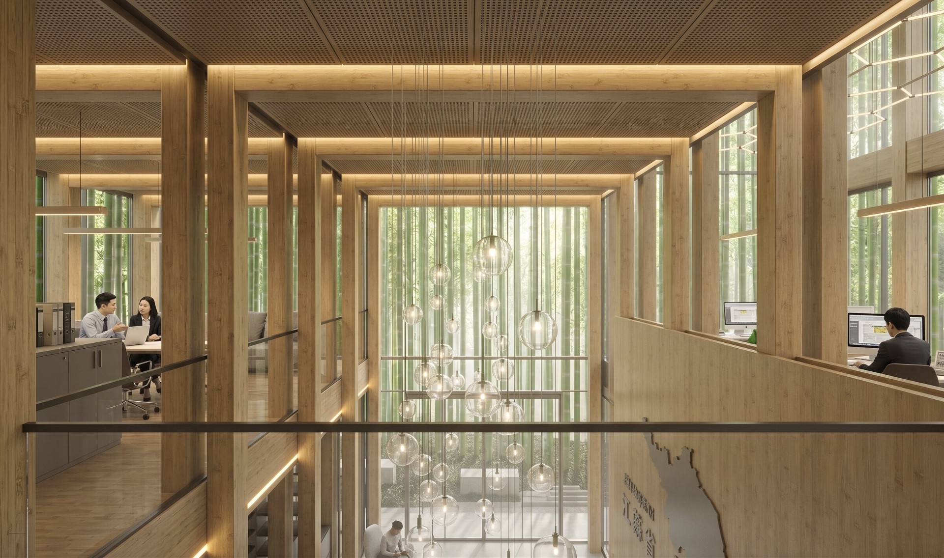 Upper floor open office bamboo atrium pendant globe lights
