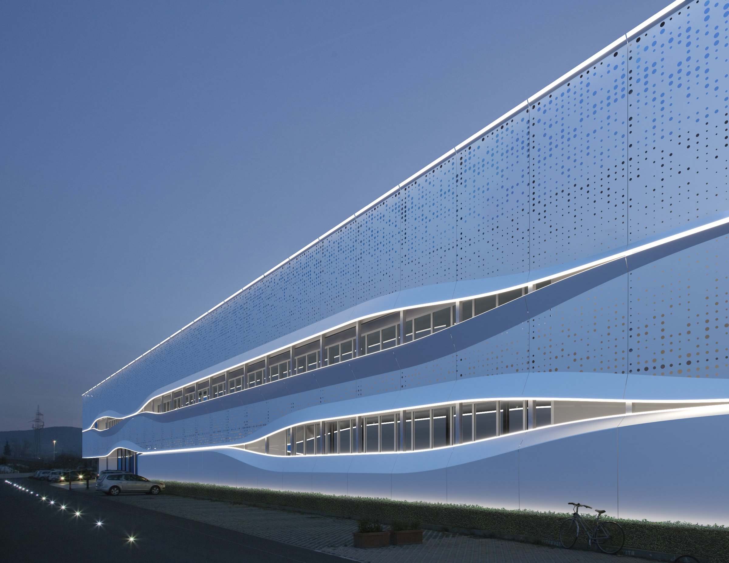 Rendering of the facade of the Braccialini HQ in Scandicci at dusk