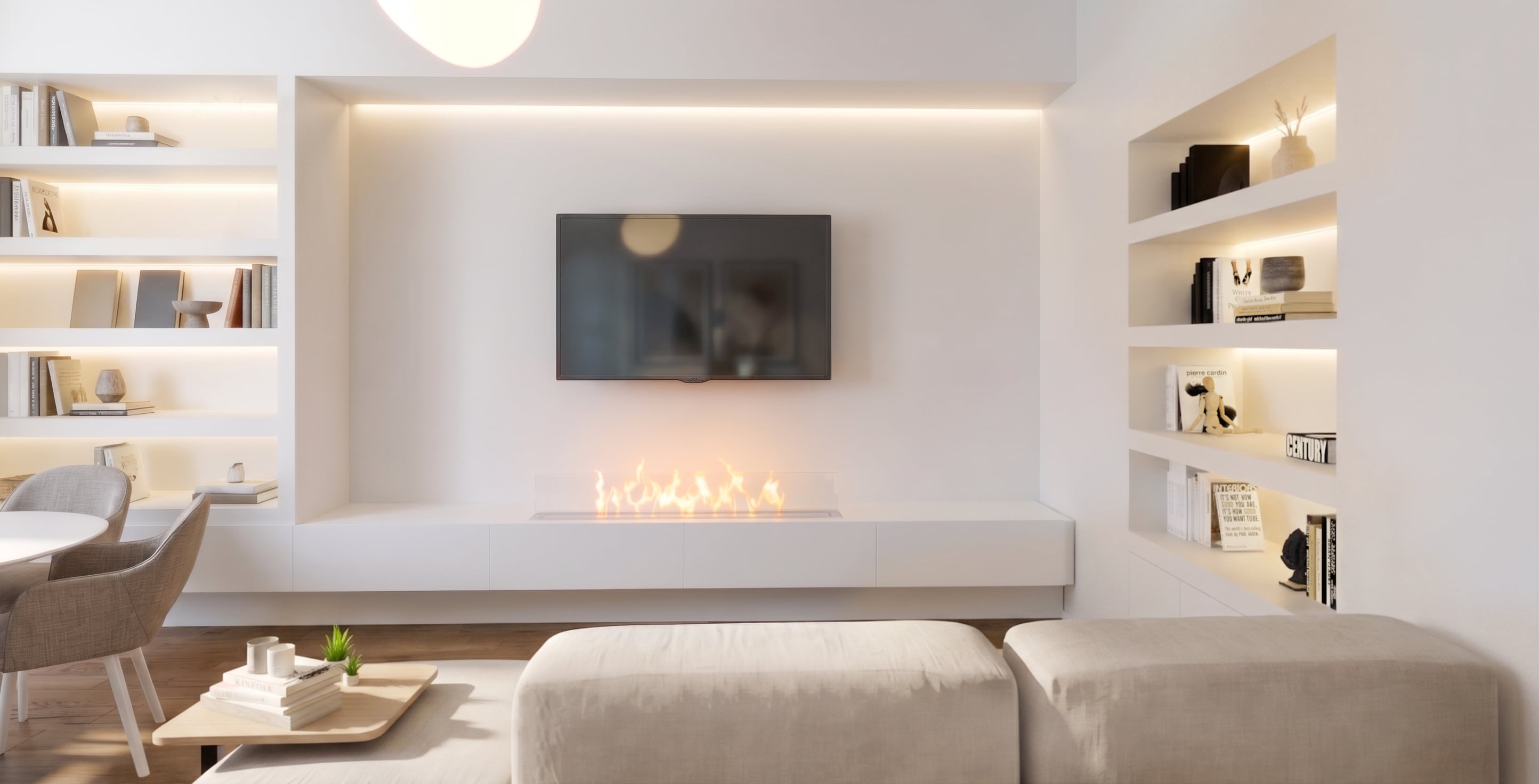 Living room at Casa FR with a bioethanol fireplace and LED niches