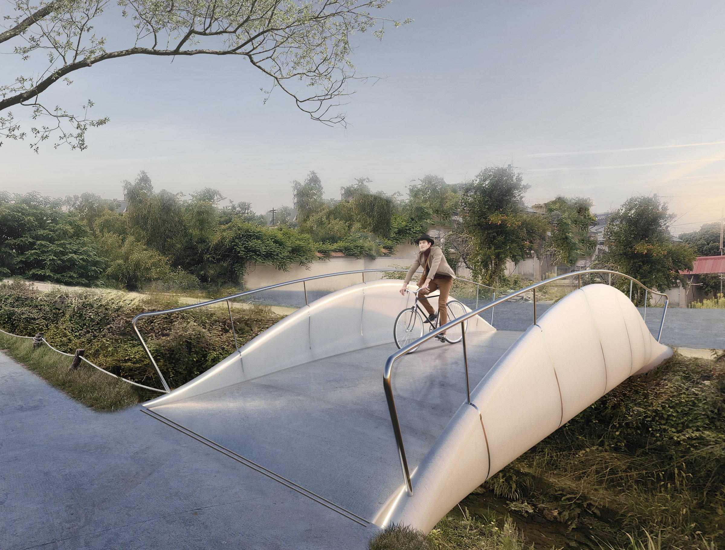 Render of the Flowin Footbridge, a parametric bridge in China