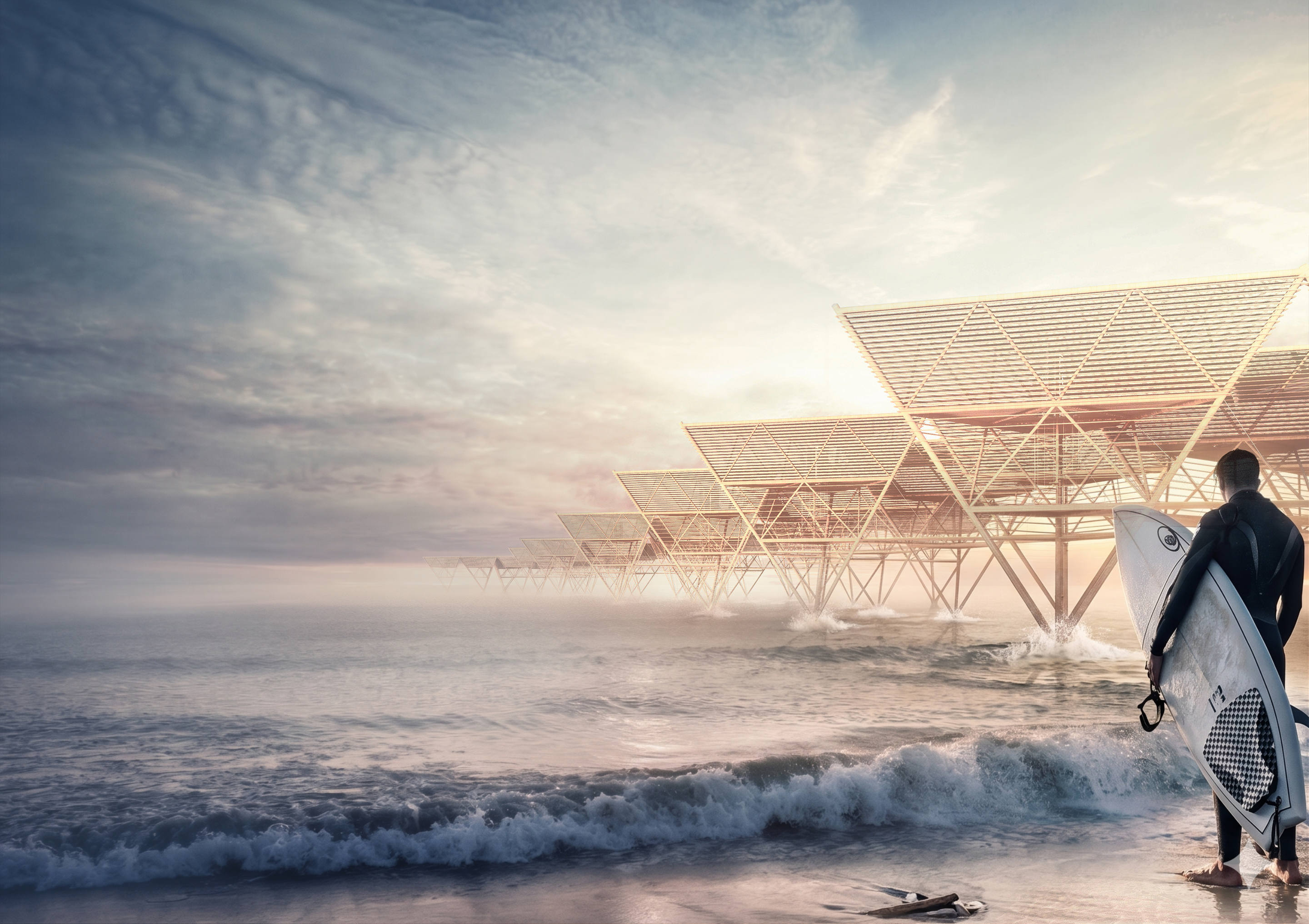 Close-up rendering of bamboo tetrahedrons in Tarifa