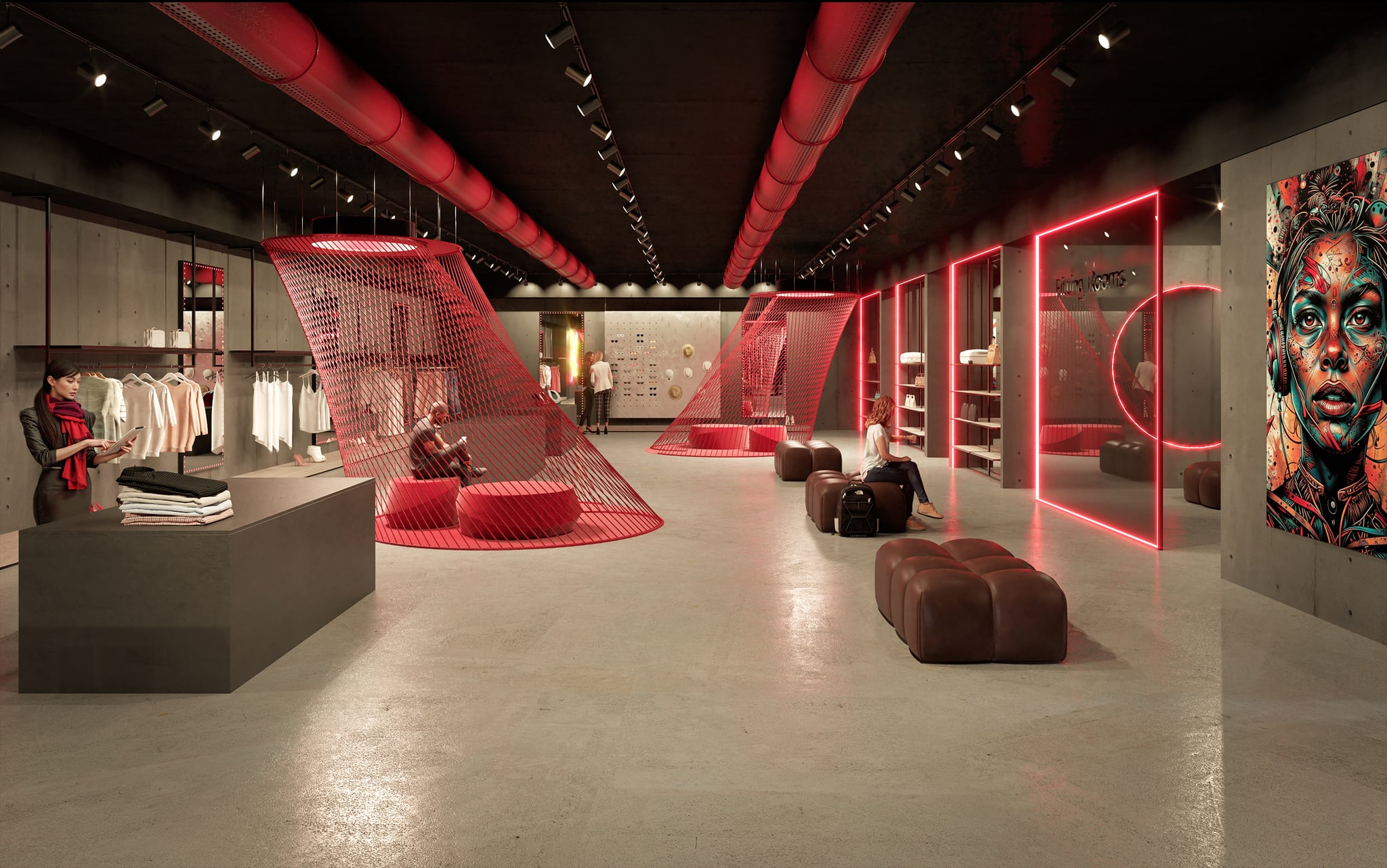 Open-plan sales area with red accents