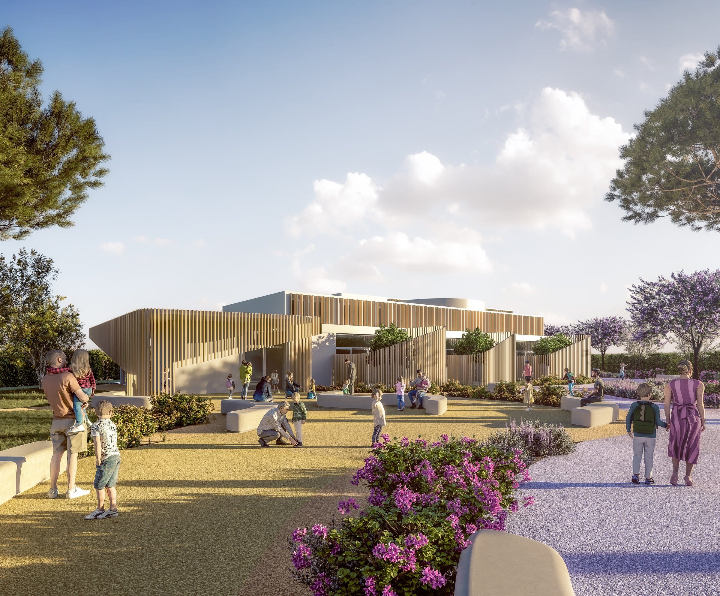 Render esterno scuola Trani facciata legno parco