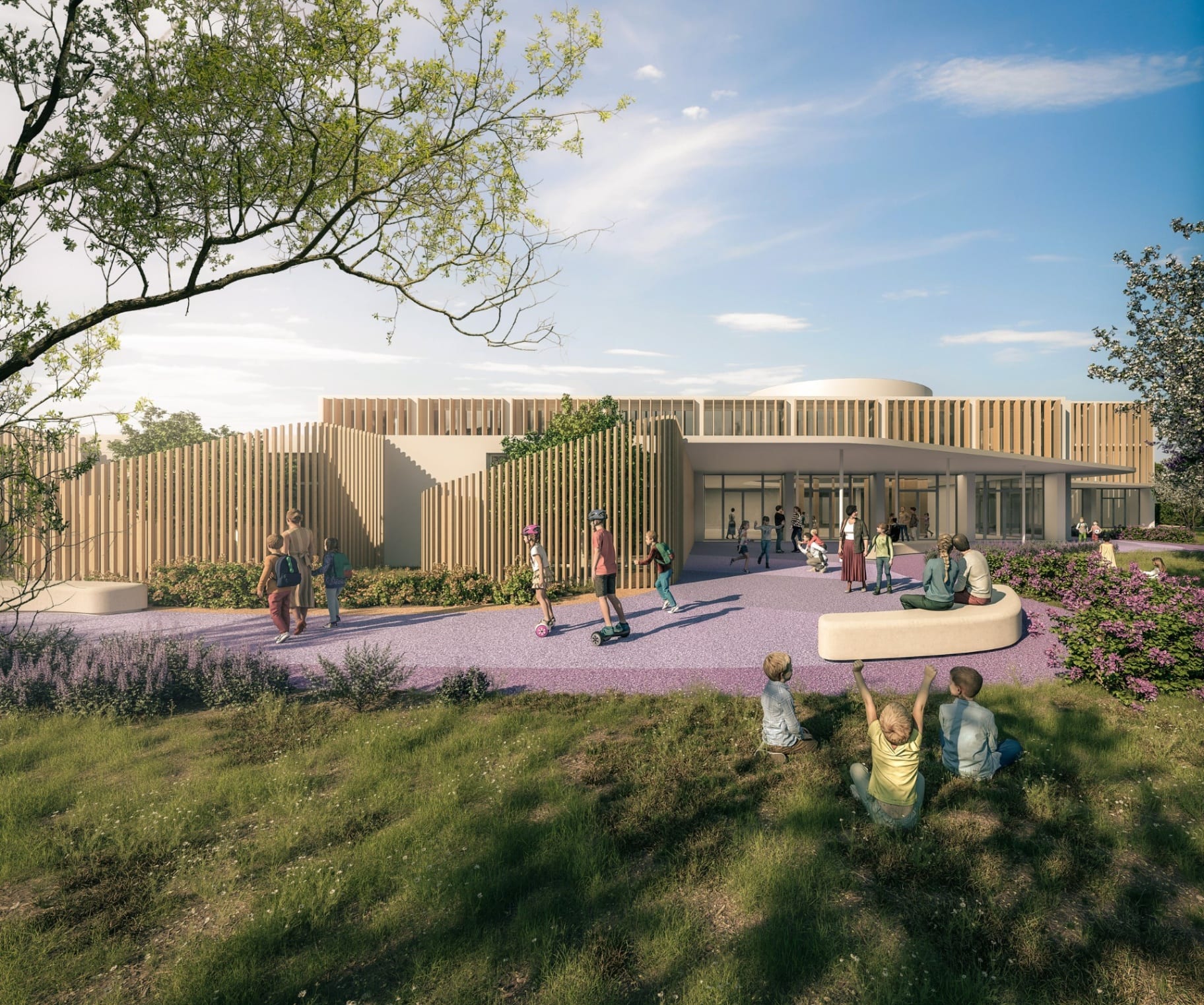 Ingresso scuola primaria Trani frangisole legno bambini
