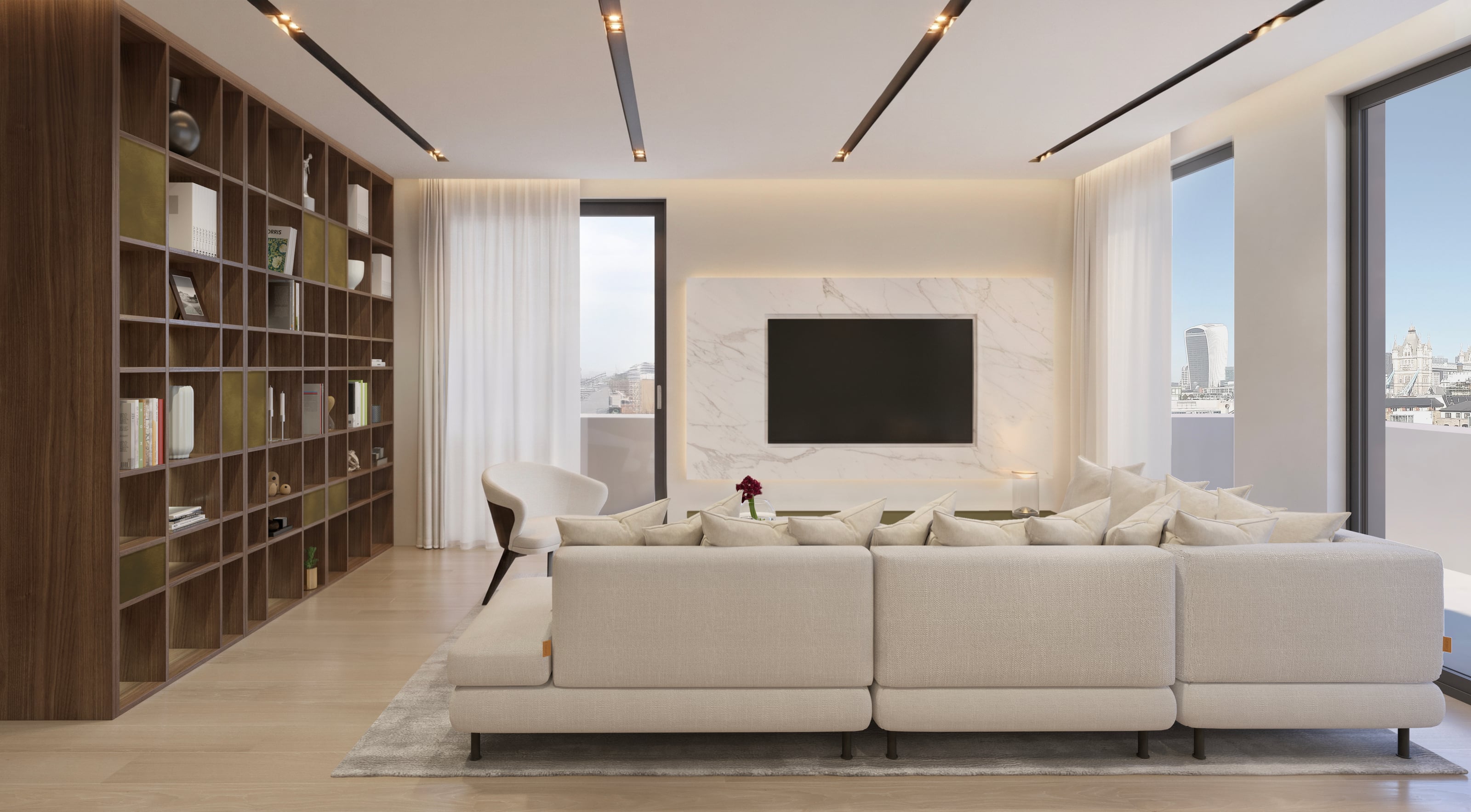 Soggiorno dell’attico con libreria e parete TV in marmo